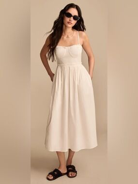 Lucky Brand White Corset Poplin Midi Dress Size Large